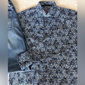 Men's Blue Patterned Casual Button Down Shirt